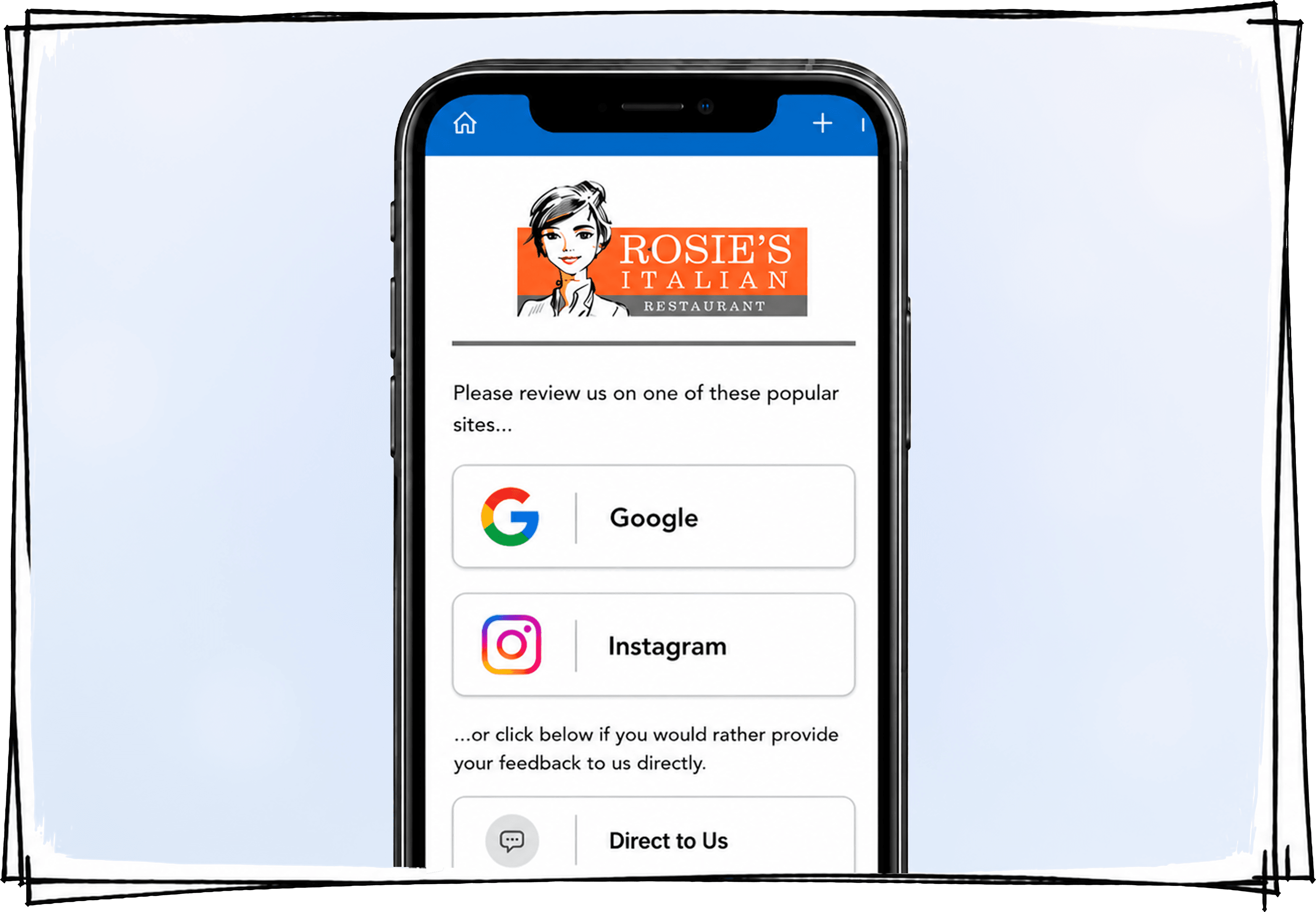 Mobile restaurant guest engagement flow interface shown on a smartphone