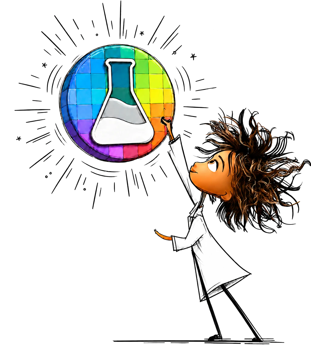 Illustration of a scientist reaching toward a colorful beaker icon