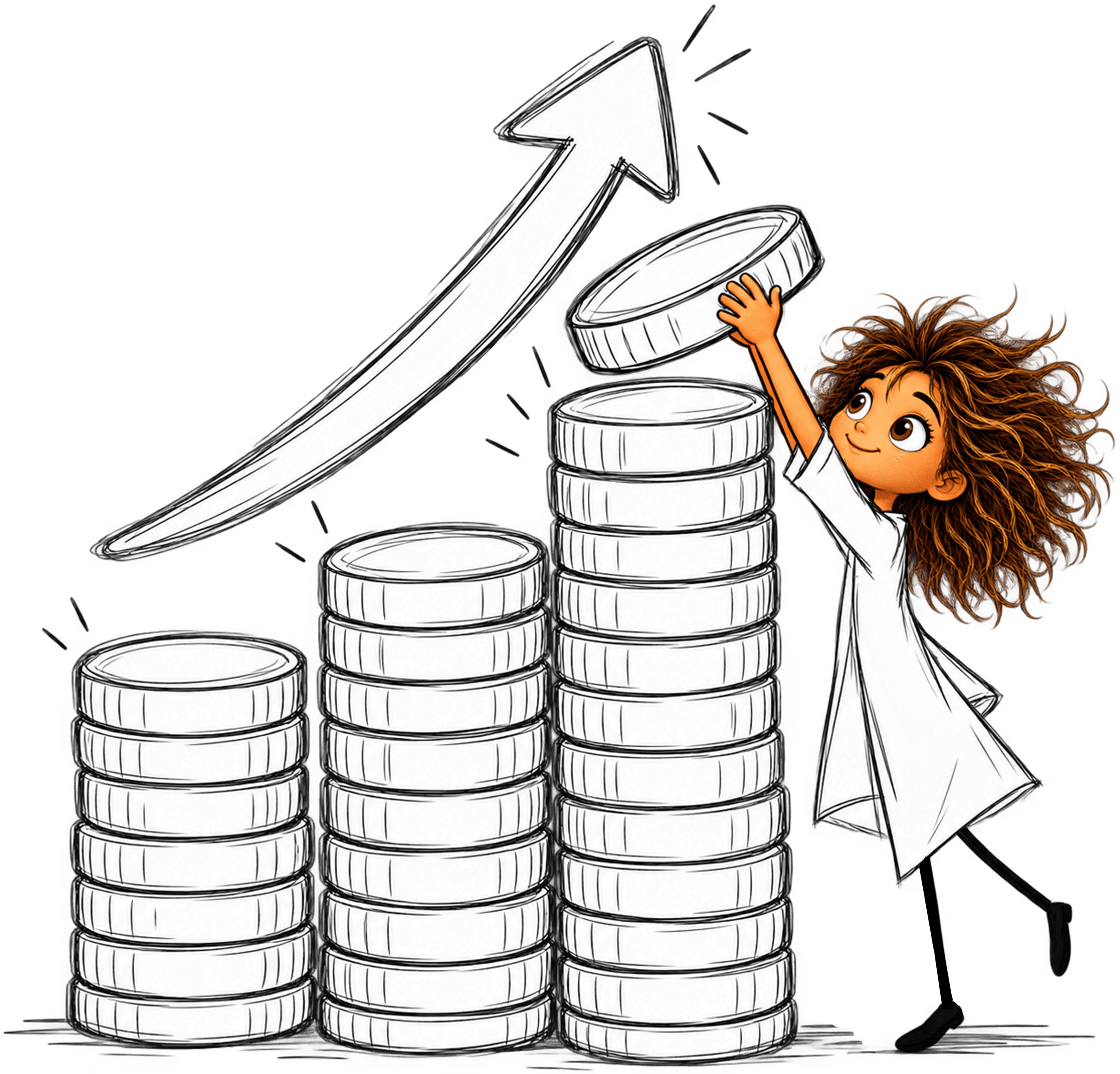A character adding a coin to growing stacks beneath an upward arrow